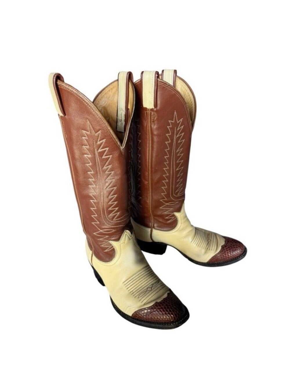 Vtg Tony Lama Women's Sz 5 B Cognac Tan Two Tone Leather Lizard Toe Cowboy Boots